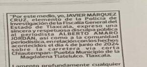 Policía de Investigación ofrece disculpa pública a periodista de Tlaxcala
