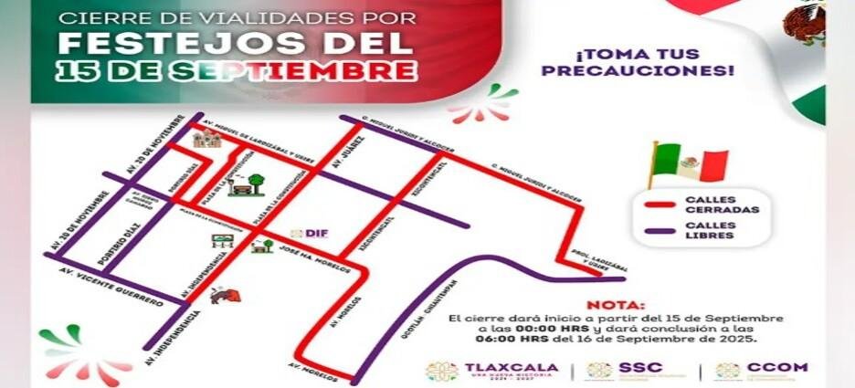 Cierres viales por fiestas patrias en Tlaxcala